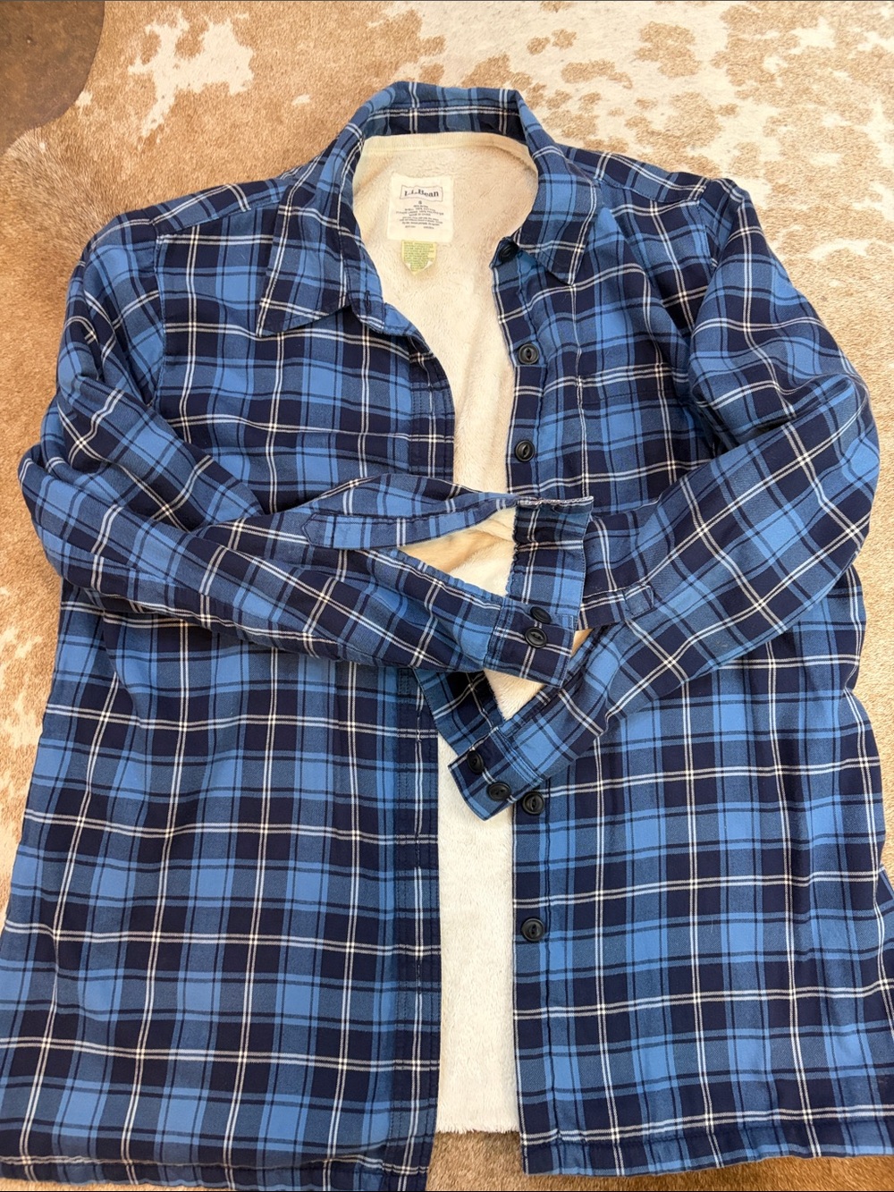 L.L. Bean Navy and Light Blue Plaid Sherpa-Lined Shirt Jacket